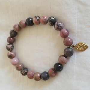 Gold Pink Black Glass Tourmaline Stretch Bead Bracelet
